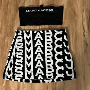 Marc Jacobs knitted crop top and monogram mini skirt set.
